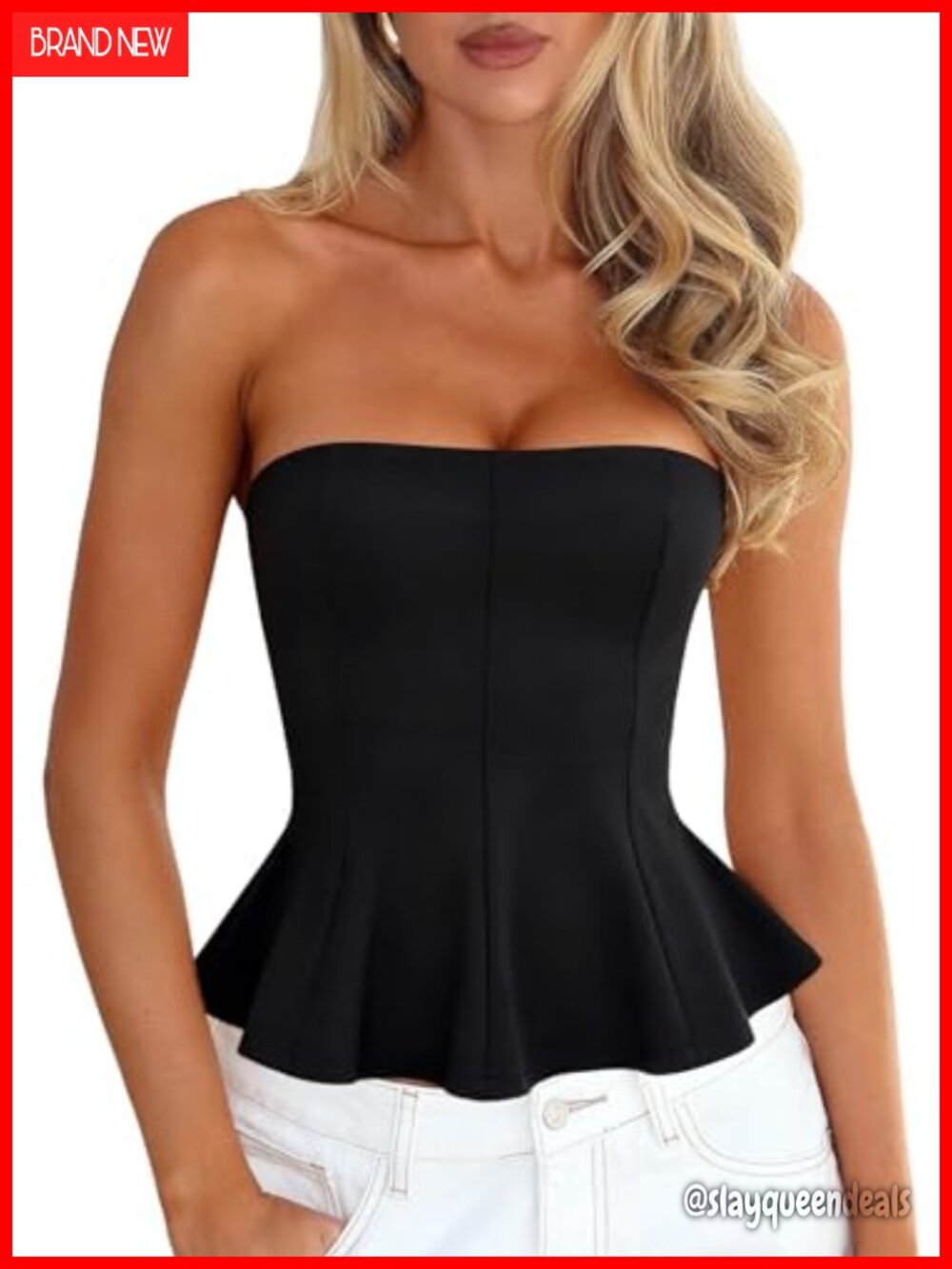Women Bandeau Peplum Top Babydoll Strapless Tube Top Flare Ruffle Hem